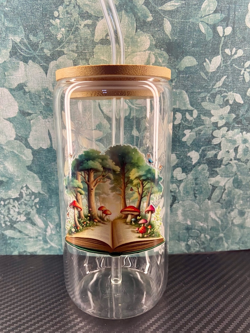 Wood-Lid Double Walled Acrylic Tumbler with Forest Mushroom Illustration